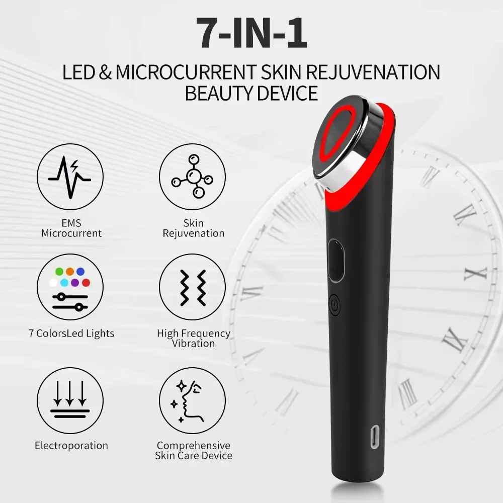 7 Colors Ager Booster Pro 6 In1 Lifting Face Neck Therapy Wand LED Vibration Massager Beauty Device Skincare & Blue Rejuvenation